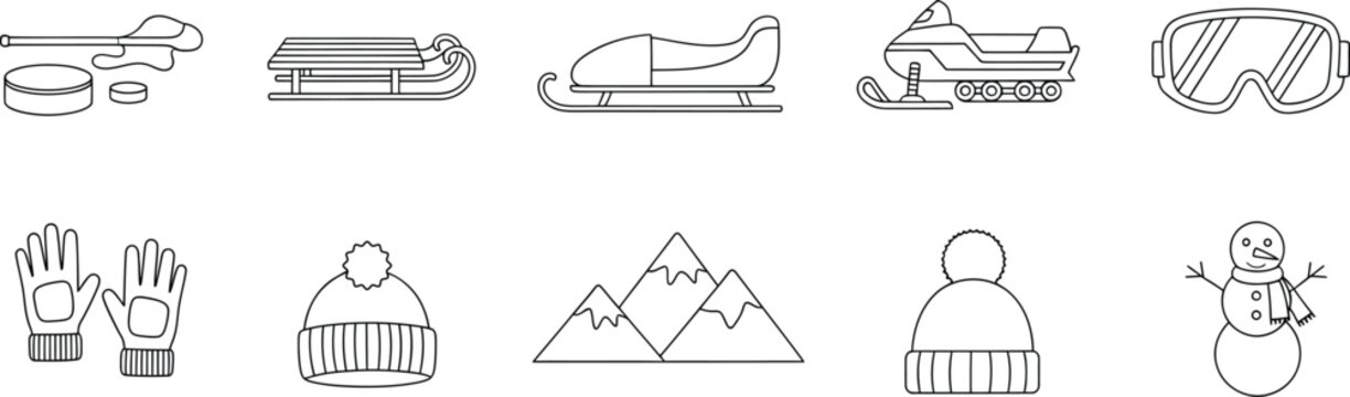 Set of winter sport icons with sleds snowmobile goggles gloves hats and snowman symbols