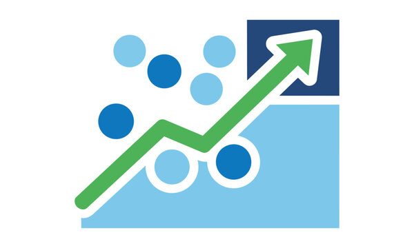 Minimalist scatterplot chart icon with a rising trend line and circular data points isolated on a white background, financial data analysis concept