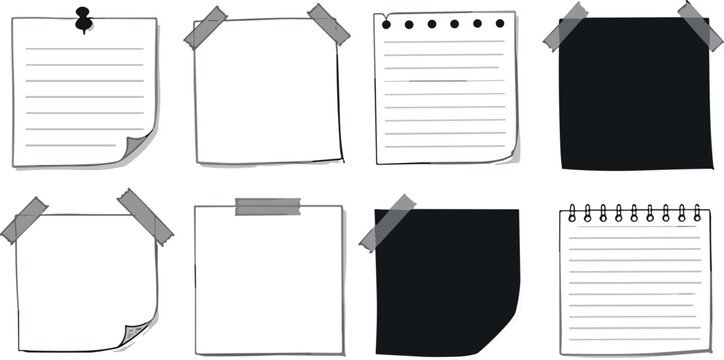 Vector illustration of square note papers with pins, tape, spiral binding, and punched holes for reminders or design