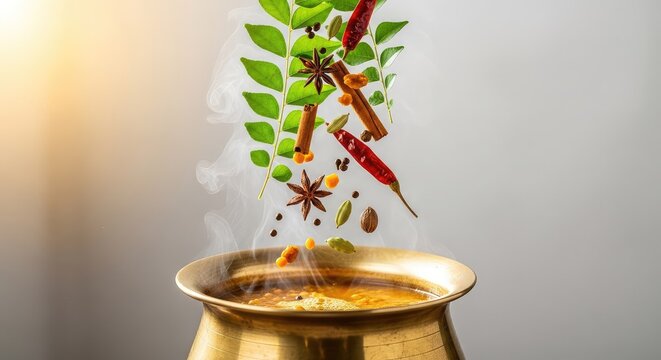 Fresh green curry leaves and aromatic spices falling into a steaming brass pot of traditional lentil soup. Warm light and rising vapors, cilantro, aroma, golden