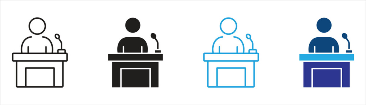 Speaker icon set, person at podium for presentation, public speaking, and conference symbol. vector illustration . 