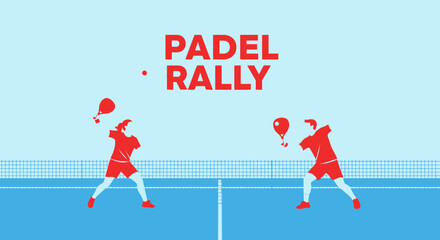 Obraz premium Dynamic Padel Match: Red Silhouettes Engage In Energetic Rally On Blue Court