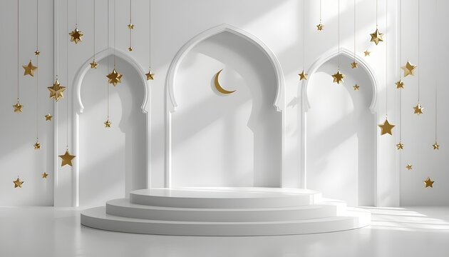 Elegant white mosque interior illustration with arched niches golden stars crescent moon multi tiered circular platform serene spiritual artwork
