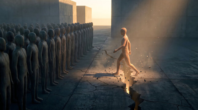 wooden human figures representing group conformity while one independent figure escapes through a glowing fractured path