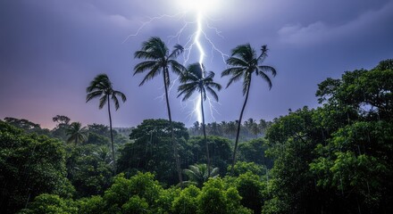 Fototapeta premium Intense lightning illuminates a dense tropical forest during a powerful nighttime thunderstorm with heavy rain and swaying palm trees, leaves, intensity, dark
