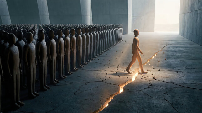 Wooden human figures representing group conformity while one independent figure escapes through a glowing fractured path symbolizing leadership courage freedom and strategic decision making