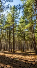 Fototapeta premium Tall, straight evergreen trees form a dense woodland illuminated by bright sunlight filtering through the canopy.