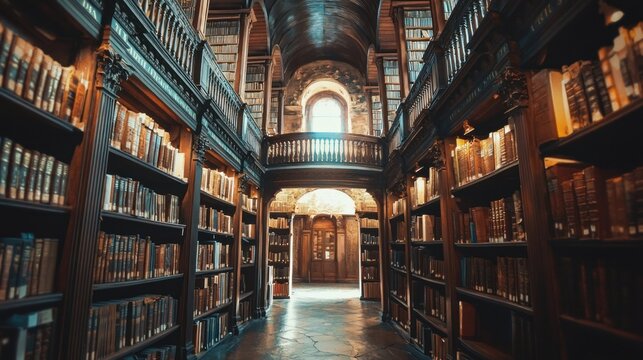 Grand Library Interior with Tall Bookshelves and Balcony.