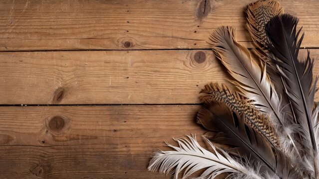 Turkey feathers on rustic wooden surface with copy space, Thanksgiving autumn holiday background for greeting cards, invitations, menus and seasonal banners