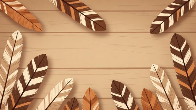 Thanksgiving turkey feathers frame on wooden background with copy space, rustic autumn holiday illustration for invitations, menus, greeting cards and banners