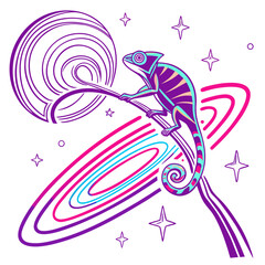 Colorful chameleon sitting on a swirly planet with stars © Badsha