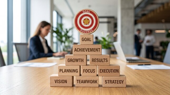 Wooden Block Pyramid with Target and Business Success Words Strategy Goal Achievement Office Background