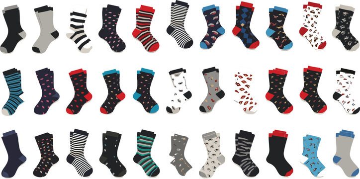 Large collection of colorful patterned crew socks funny hipster socks with creative designs and diverse stripes dots isolated on clean white background set