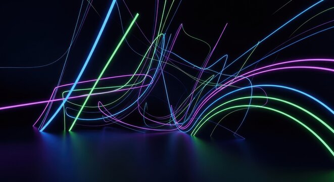 Numerous vibrant neon light streams cross and curve across a dark, reflective surface.