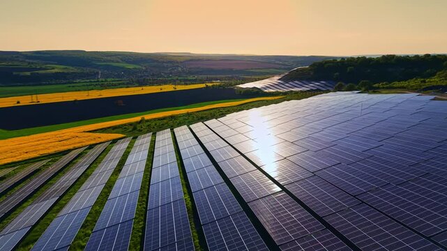 Rows of solar panels stretch across a flat field as sunlight reflects on the surface. Hills and trees rise in the distance under a clear sky.