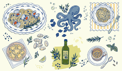 Hand drawn italian seafood pasta set with octopus ravioli olive oil coffee © zzayko