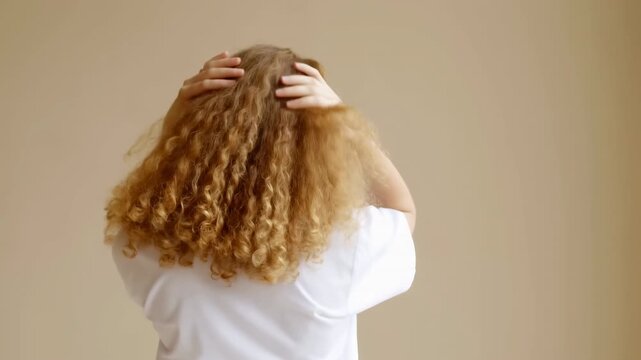 Photograph Taken In Studio Featuring Confident Woman With Energetic Curly Hair Flipping To Side