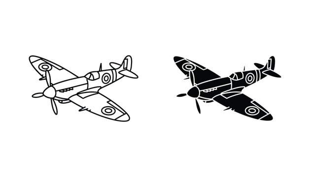 Vintage Spitfire fighter plane icon set in detailed line art and solid black silhouette styles for military history aviation and aerospace design projects