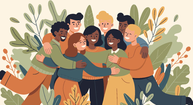 Diverse group of happy young people embracing in a warm, friendly hug, symbolizing community, friendship, and mutual support with green leaves background.
