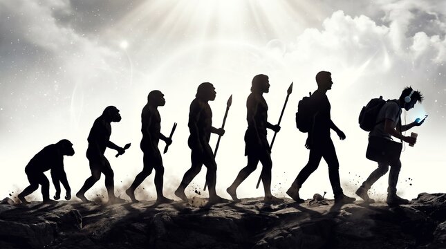Human Evolution to Modern Technology Silhouette Showing Progress From Primate to Smartphone User