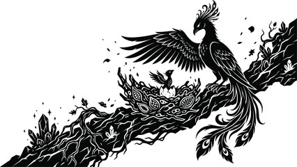 Fototapeta premium Phoenix Bird Nesting Black and White Illustration