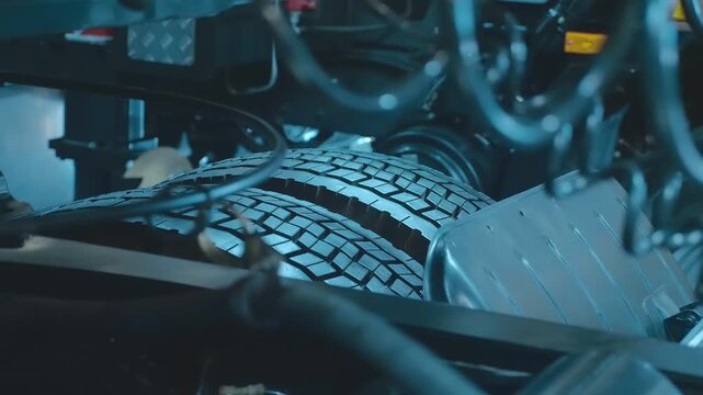 The treads of the dual rear wheels of a new truck on exhibition reflect light from their glossy surface. Closeup. Shot in motion 