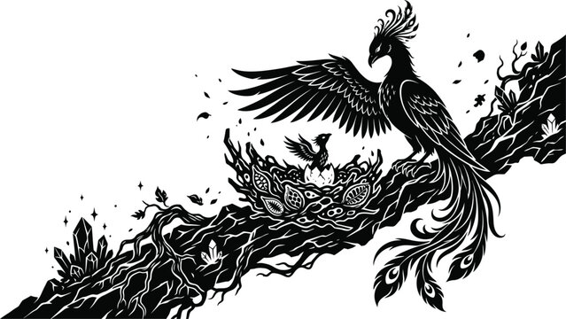 Phoenix Bird Nesting Black and White Illustration