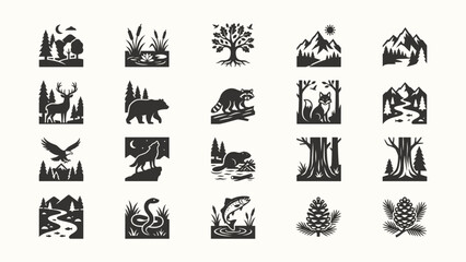 Vintage Nature Icons and Symbols Collection Forest Wildlife Mountain River Landscape Elements © Dijee Art