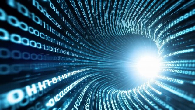 Digital tunnel of blue binary code with a bright light at the end