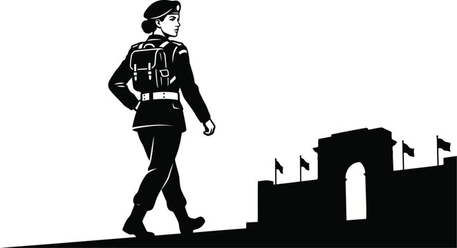 Woman Soldier Marching Towards India Gate Silhouette