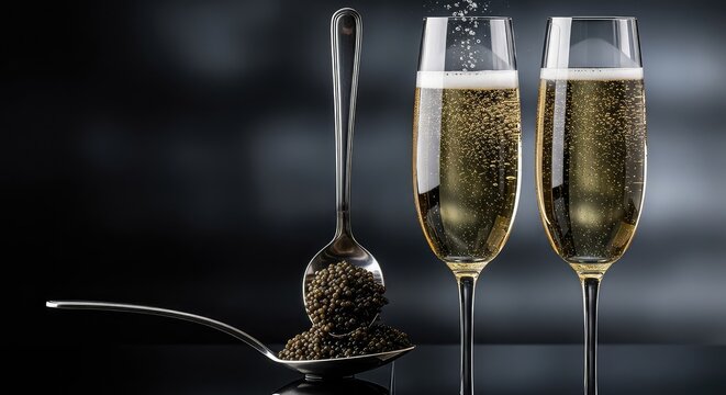 Two elegant crystal flutes filled with sparkling wine stand beside a silver spoon holding premium black caviar against a dark background, caviar, still life, elegant