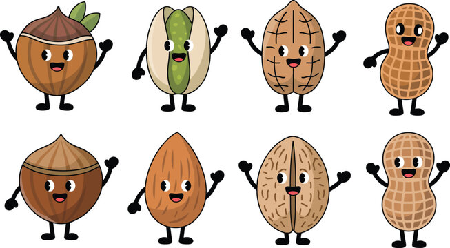 Playful cartoon nuts and seeds characters smiling, anthropomorphic hazelnut, pistachio, almond, walnut, peanut, pecan vector illustration