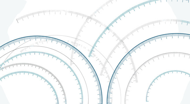 Professional technical drawing-style abstract featuring multiple blue and grey concentric arcs with detailed measurement scales and marks.