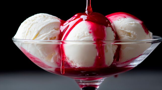 close-up side view of a wide shallow clear glass dessert bowl with a short stem and rounded base, filled with three smooth scoops of white vanilla ice cream