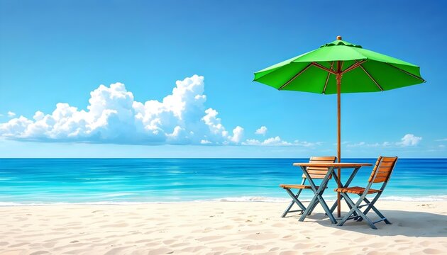 Tropical beach with colorful umbrella and chairs under blue sky