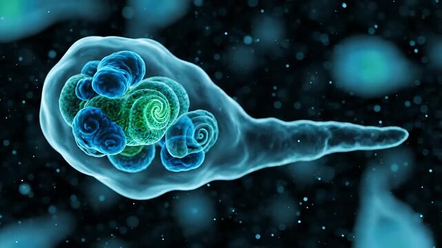 Microscopic view of a protozoan parasite with internal structures visible.