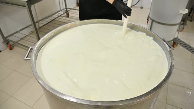 Worker stirs large vat of milk with spatula in dairy processing facility