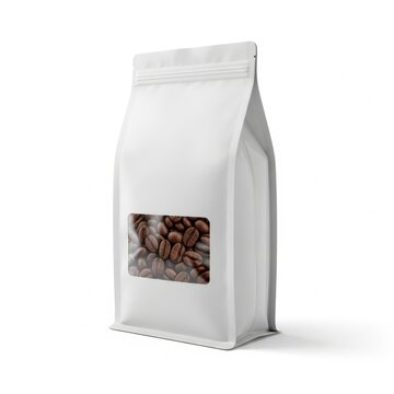 Standing white coffee bean bag with transparent window