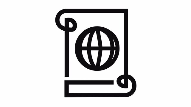 International passport document icon with black line art travel identity graphic cartoon animation isolated on an alpha channel for world travel outline element concept. Seamless looping.