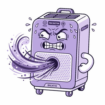 Angry purple dehumidifier cartoon character blowing air.