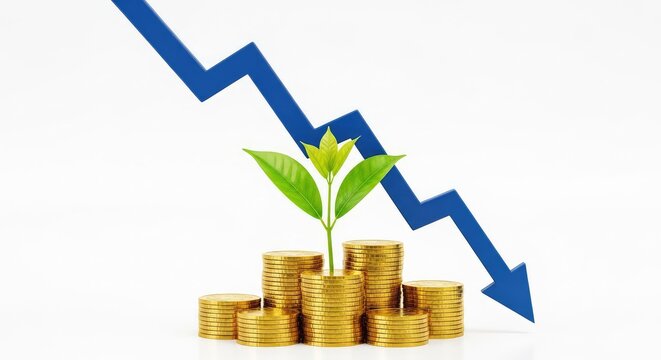 Visual metaphor of falling interest rates boosting investment with a downward arrow and stacks of gold coins growing like a green plant, budget, gain, graph