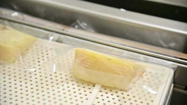 Vacuum packaging cheese slices in clear plastic bags for preservation