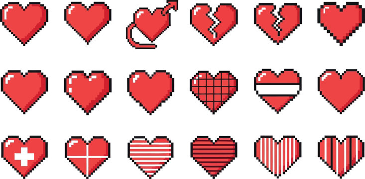 Pixel art red heart icons set with broken heart, love arrow, and game health bars.