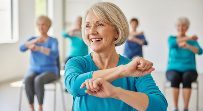 Active seniors enjoying a fitness class, smiling and engaging in gentle exercises to stay healthy and energized