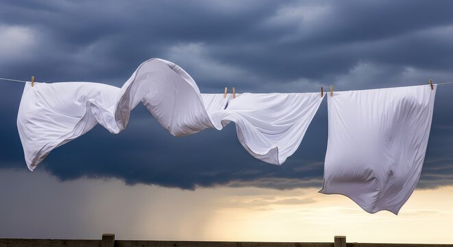 White sheets flutter violently on a clothesline as dark, heavy storm clouds gather above, signaling an approaching tempest in the sky, clouds, motion, rural