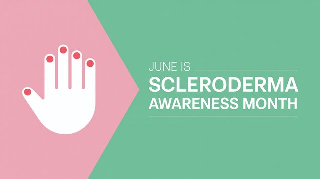 June is Scleroderma Awareness Month Medical Concept Pink and Green Poster with Hand Icon