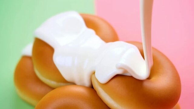 Soft Lighting Highlights Glazed Doughnuts With Vanilla Cream Against Pastel Pink And Green Backdrop