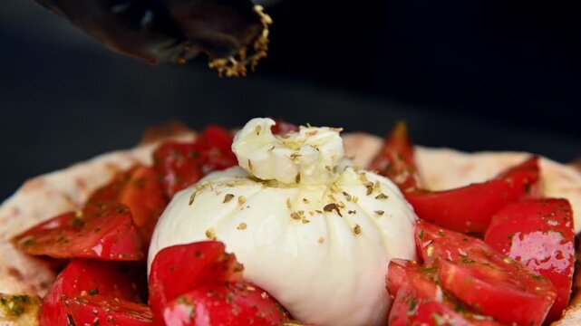 Focaccia topped with burrata and fresh tomatoes, seasoning sprinkled on top