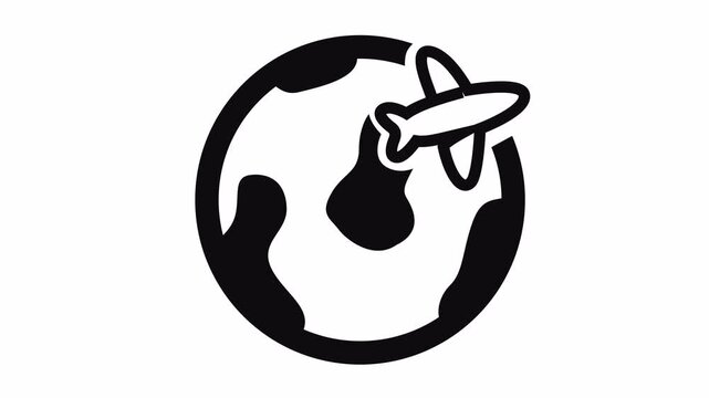 Global travel and aviation icon with black line art Earth planet and airplane graphic cartoon animation isolated on an alpha channel for international flight element concept and worldwide tourism.