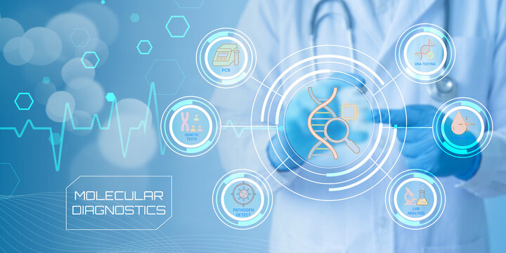 Advanced molecular diagnostics technology featuring DNA analysis and medical testing icons with healthcare professional
